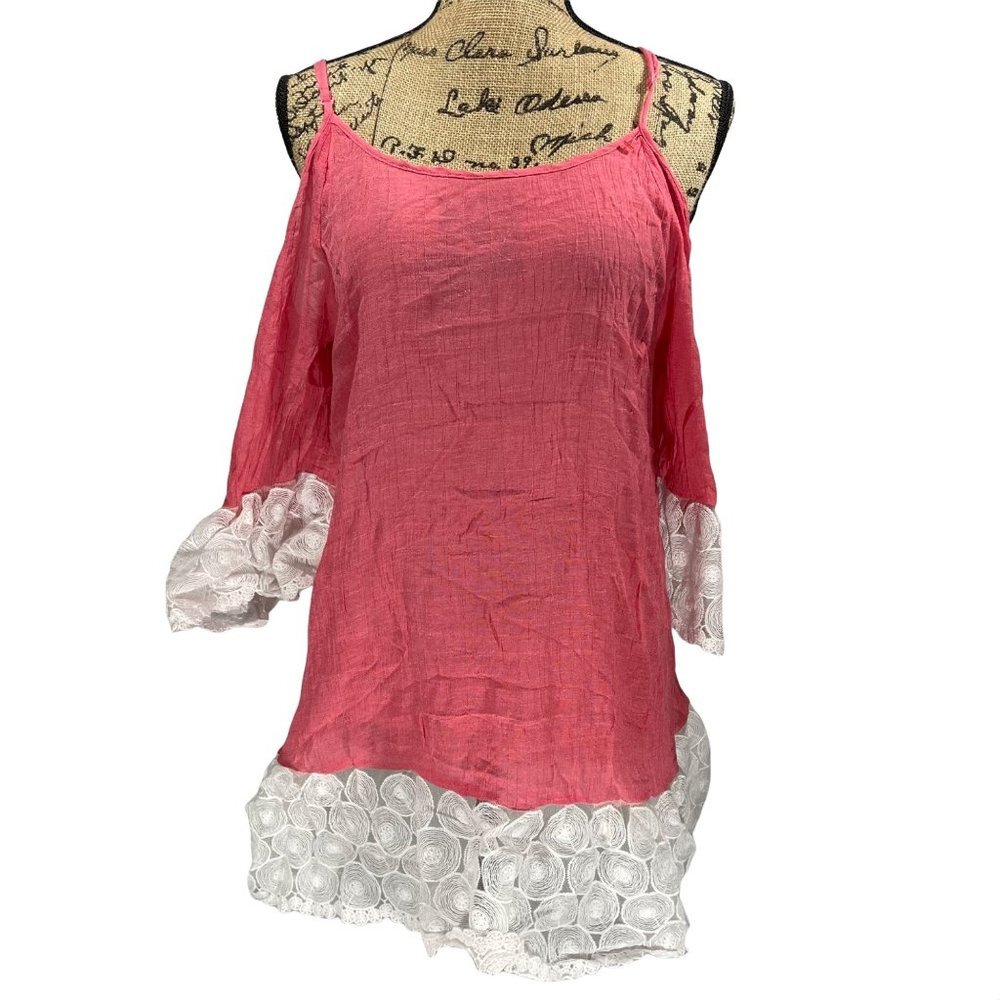 Maude Cold Shoulder Tunic top with White Lace trim Detail in Coral Pink Size L